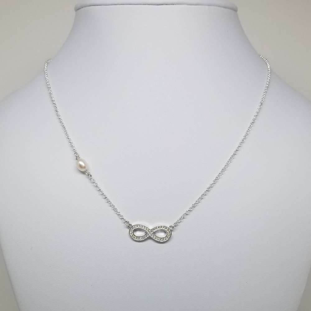 Sterling Silver CZ Infinity Necklace& White Pearl